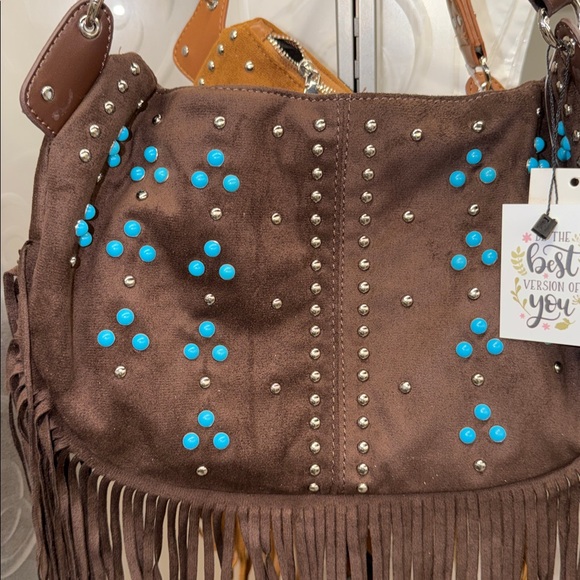 Bohemian Brown Shoulder Bag with Blue Studs - Picture 4 of 6